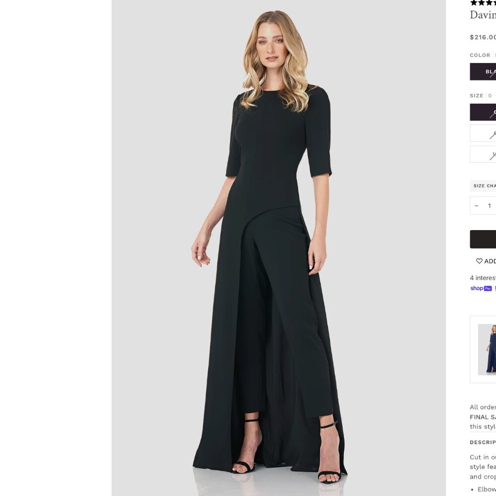 Kay Unger Davina Walk Through Jumpsuit Black Stretch Crepe Formal size 14